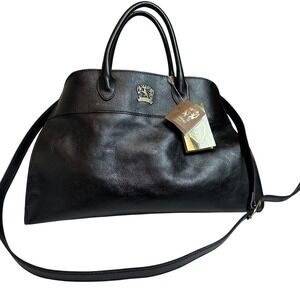 Pratesi Firenze Italy Black Leather Satchel Top Handle Bag Detachable Strap